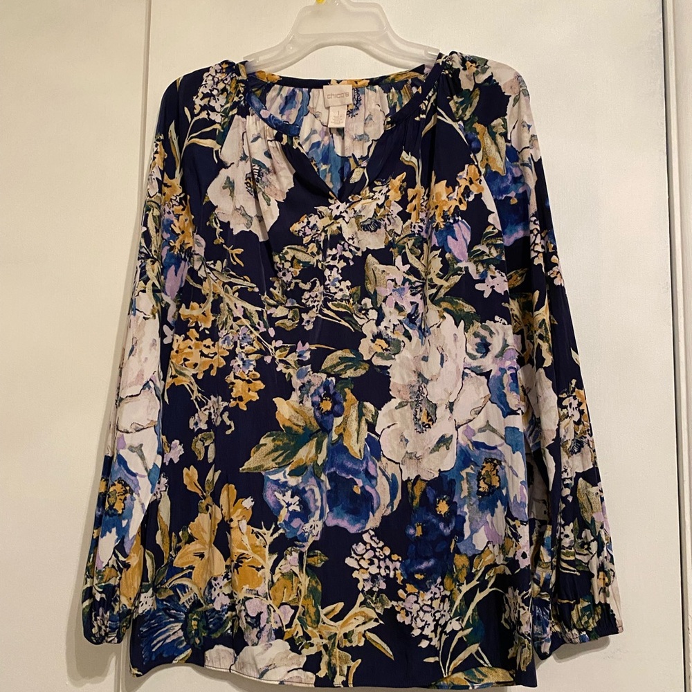 Chico's Multicolor Floral Peasant Blouse Long Sleeve with Elastic Cuff, Size 1